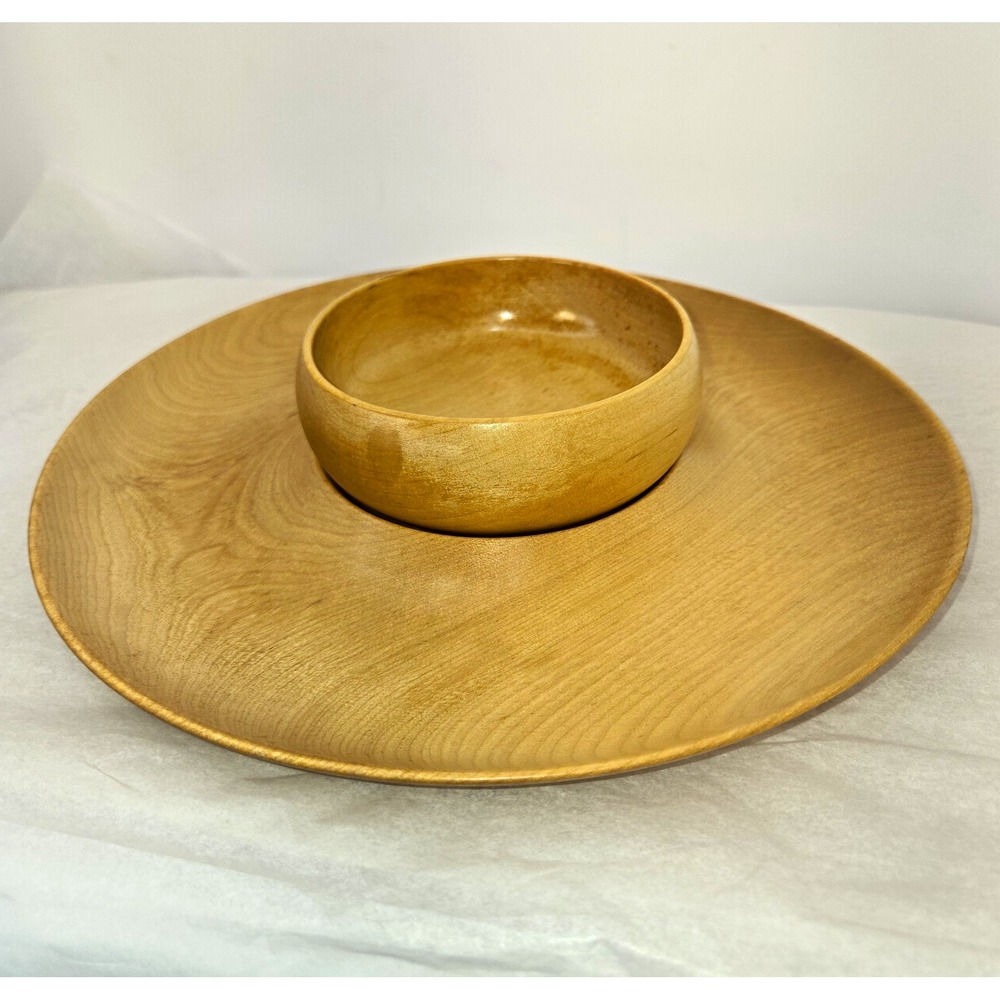 Woodburys of Shelburne Hand Turned Round Wood Tray w Bowl Set 11in Matte